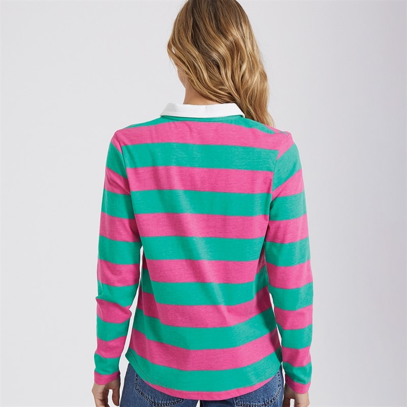 Lagooners Womens Heritage Long Sleeve Polo Shirt T-Shirt Bright Pink/Green - Image 2