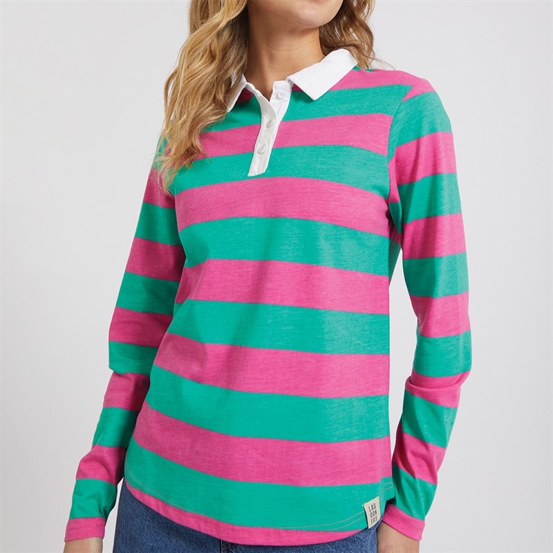 Lagooners Womens Heritage Long Sleeve Polo Shirt T-Shirt Bright Pink/Green - Image 3