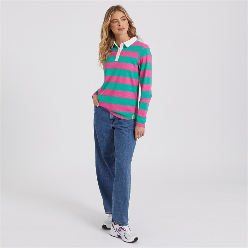 Lagooners Womens Heritage Long Sleeve Polo Shirt T-Shirt Bright Pink/Green - Image 4