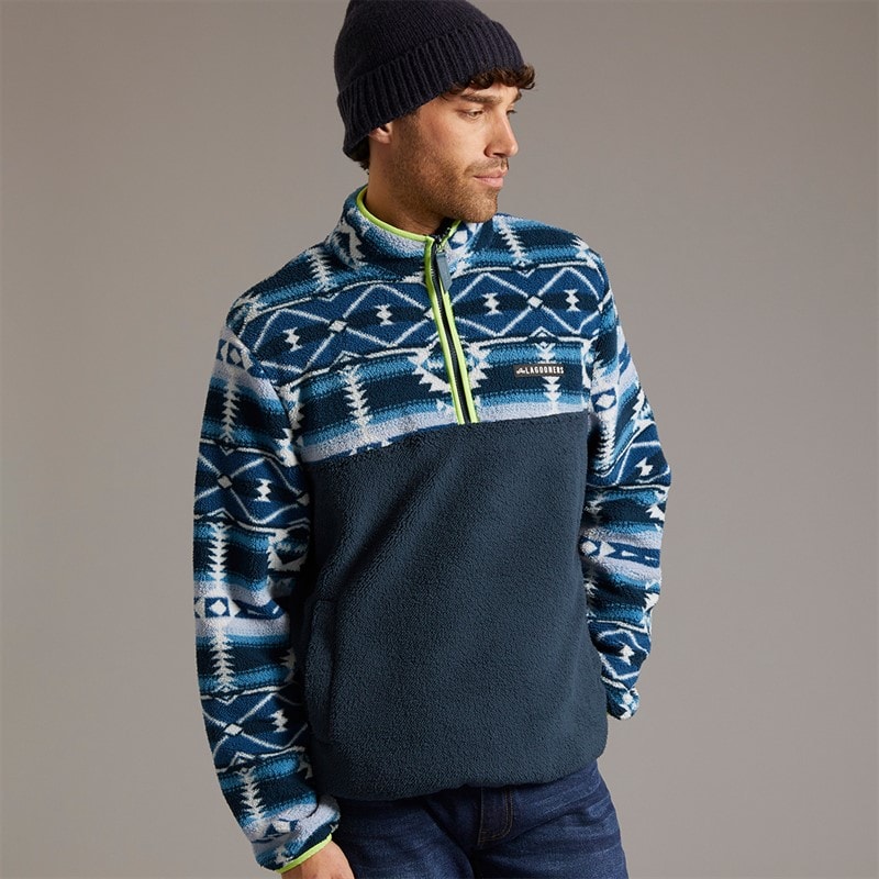 Lagooners Mens Baker Aztec Fleece Dark Navy/Lime - Image 1