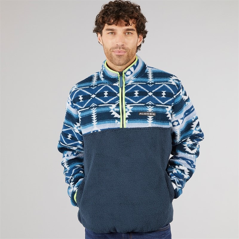 Lagooners Mens Baker Aztec Fleece Dark Navy/Lime - Image 5