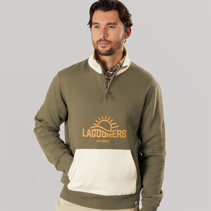 Lagooners Mens Summit 1/4 Zip Sweat Khaki/Ecru