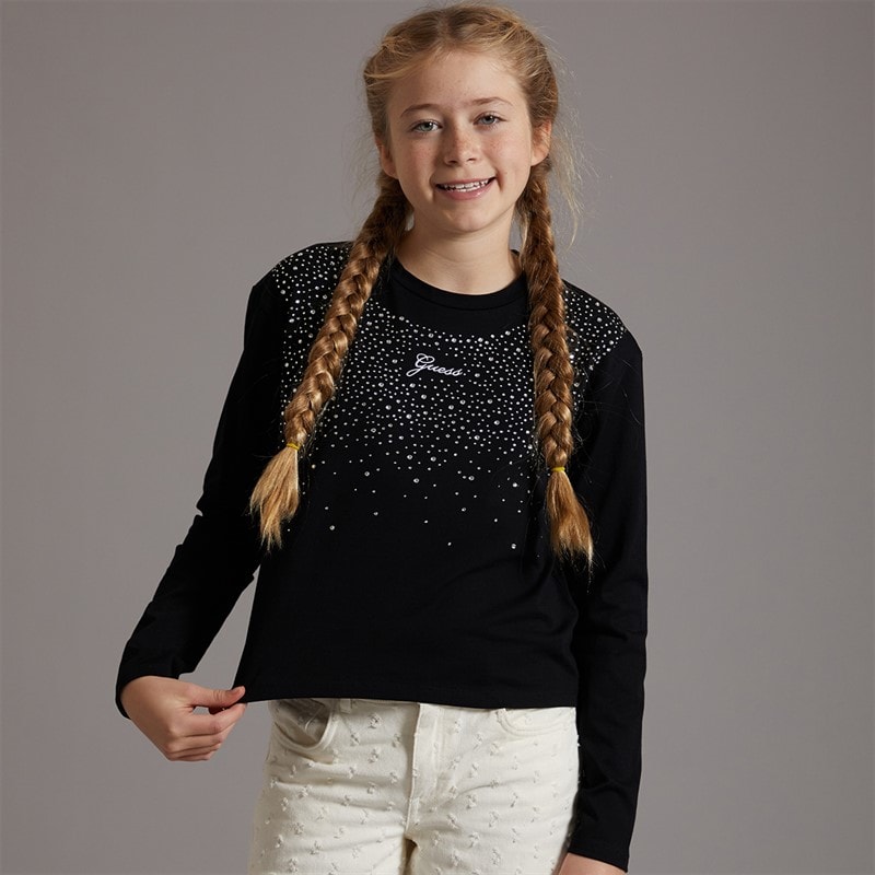 Guess Girls Stretch Jersey Long Sleeve T-Shirt Jet Black A996 - Image 1