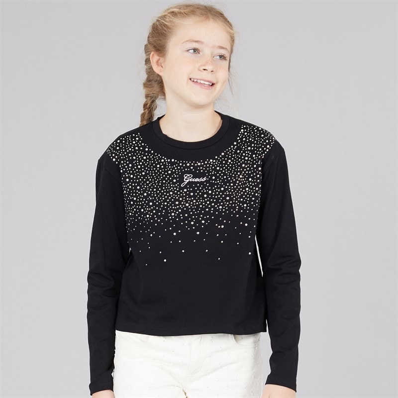 Guess Girls Stretch Jersey Long Sleeve T-Shirt Jet Black A996 - Image 3