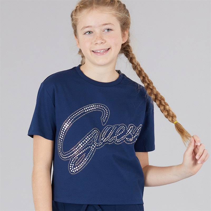 Guess Girls Cotton Jersey Cropped T-Shirt Secret Blue - Image 1