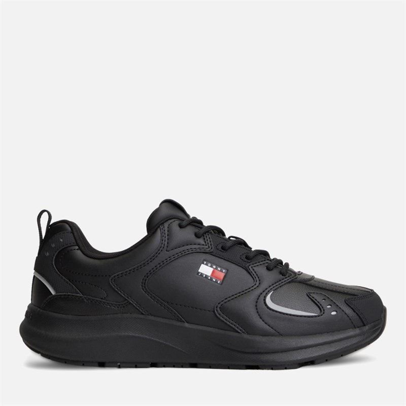 Tommy Jeans Mens Leather Runner Trainers Triple Black