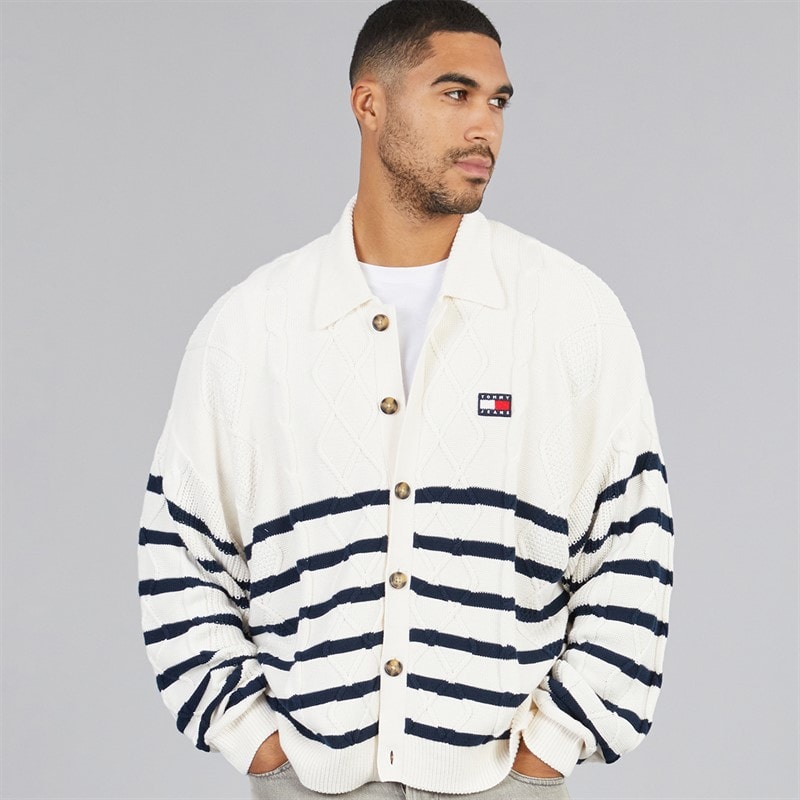 Tommy Jeans Mens Relaxed Stripe Cable Shirt Ancient White Stripe