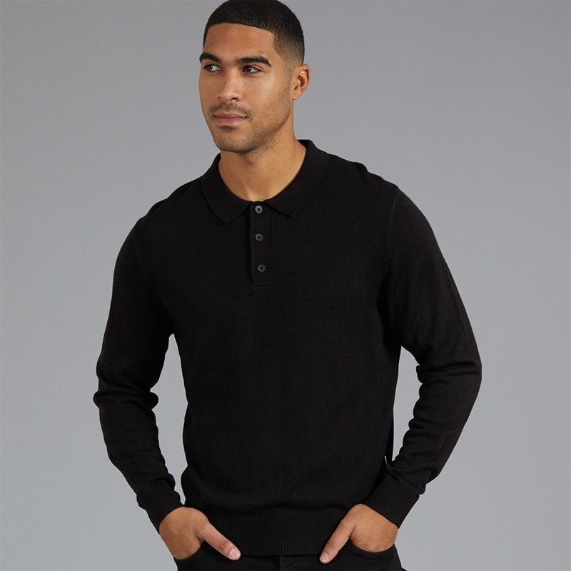 JJ REBEL Mens Archie Knitted Polo Shirt Black