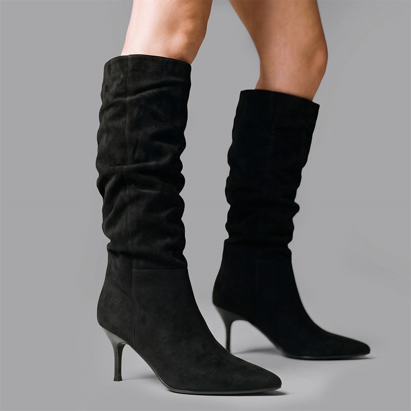 SEQWL Womens Knee High Slouch Heel Boots Black Micro
