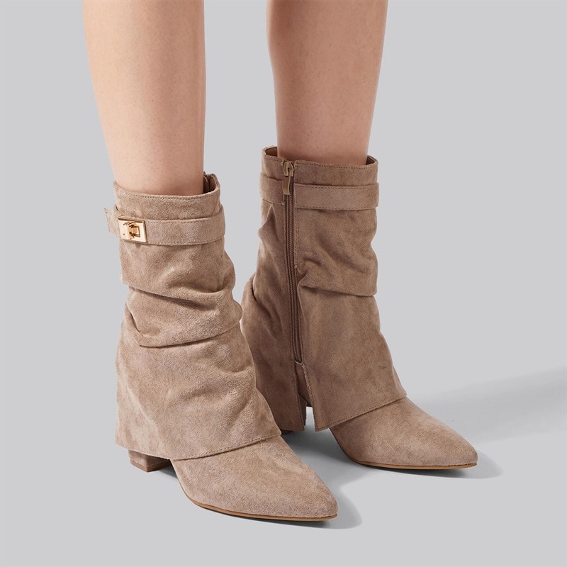 SEQWL Womens Slouch Fold-Over Ankle Boots Taupe Micro