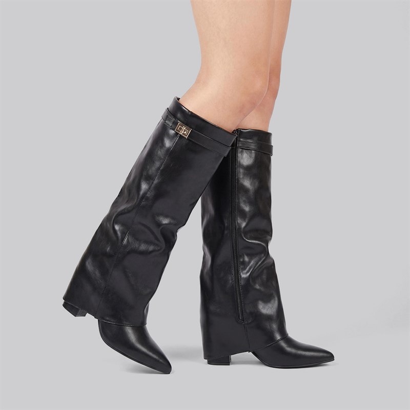 SEQWL Womens Knee High Fold-Over Heel Boots Black PU