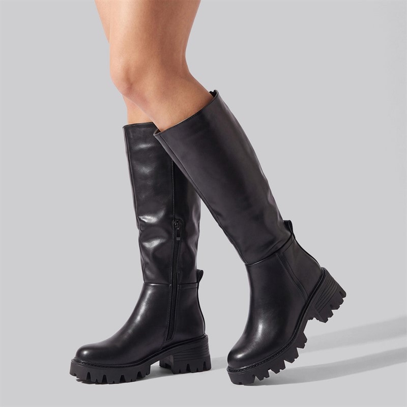 SEQWL Womens Chunky Knee High Boots Black PU