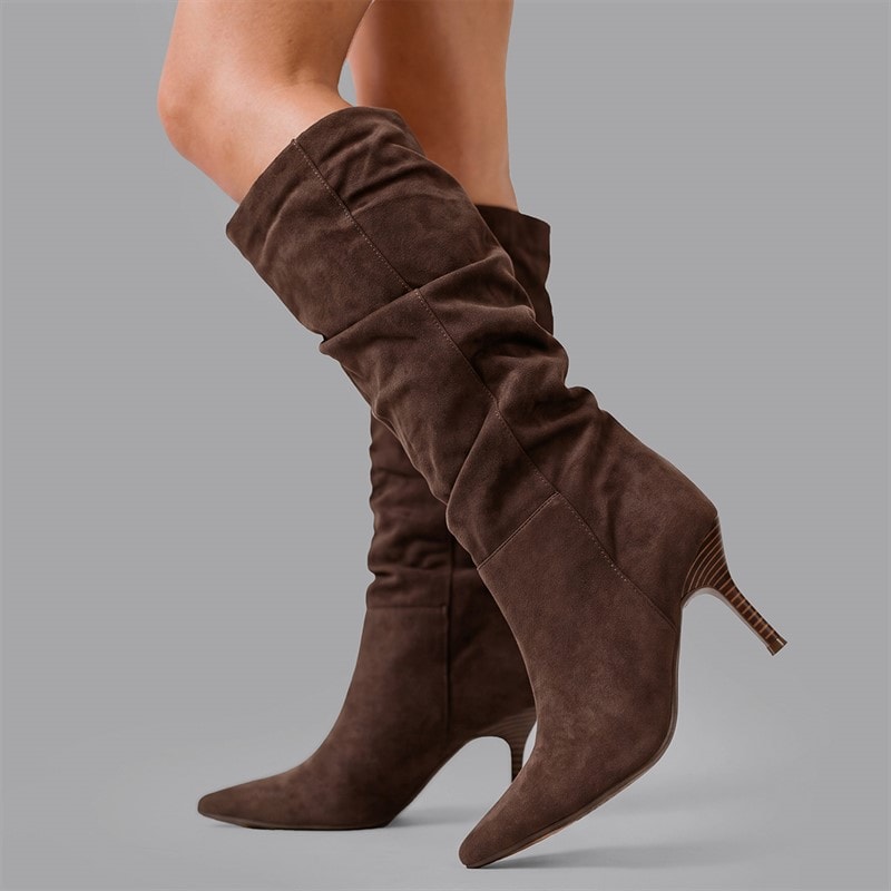 SEQWL Womens Knee High Slouch Heel Boots Chcocolate Micro