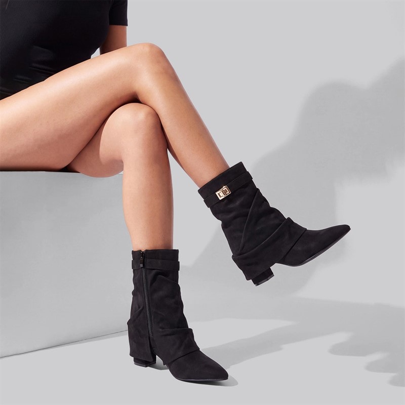 SEQWL Womens Slouch Fold-Over Ankle Boots Black Micro
