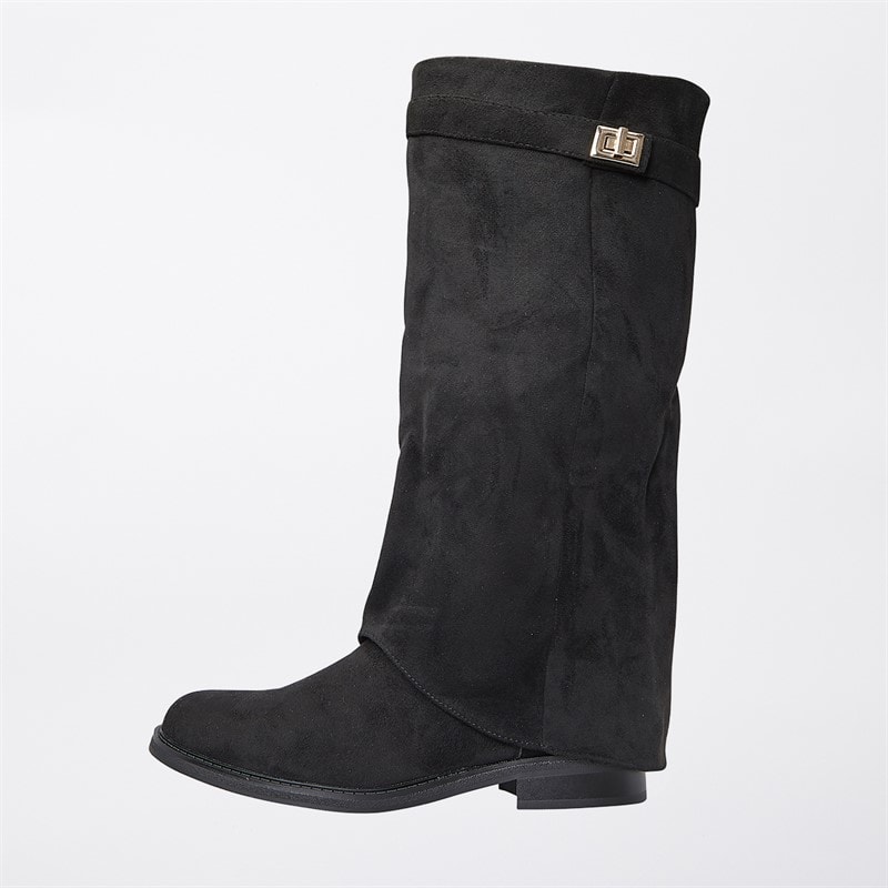 SEQWL Womens Knee High Foldover Boots Black Micro