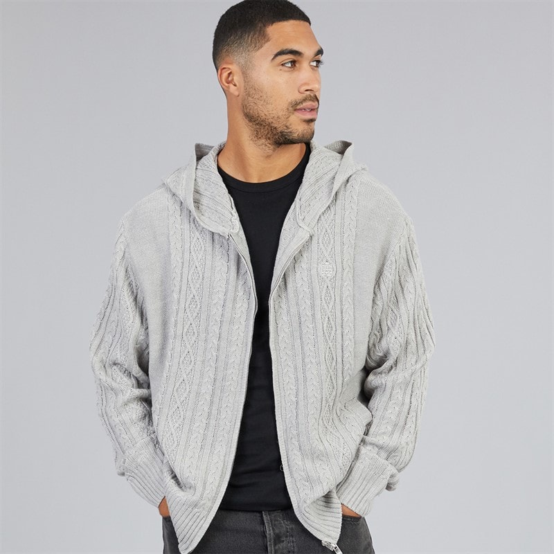 Avant Garde Mens Story Cable Zip Through Hoodie Light Grey Marl