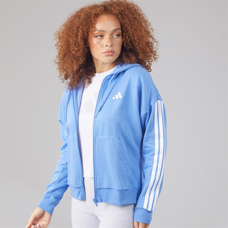 adidas Womens Essentials 3-Stripes Full Zip Hoodie Blue Fusion/White