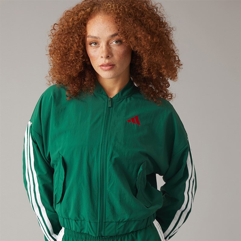 adidas Womens Essentials 3-Stripes Woven Windbreaker Jacket Dark Green/White