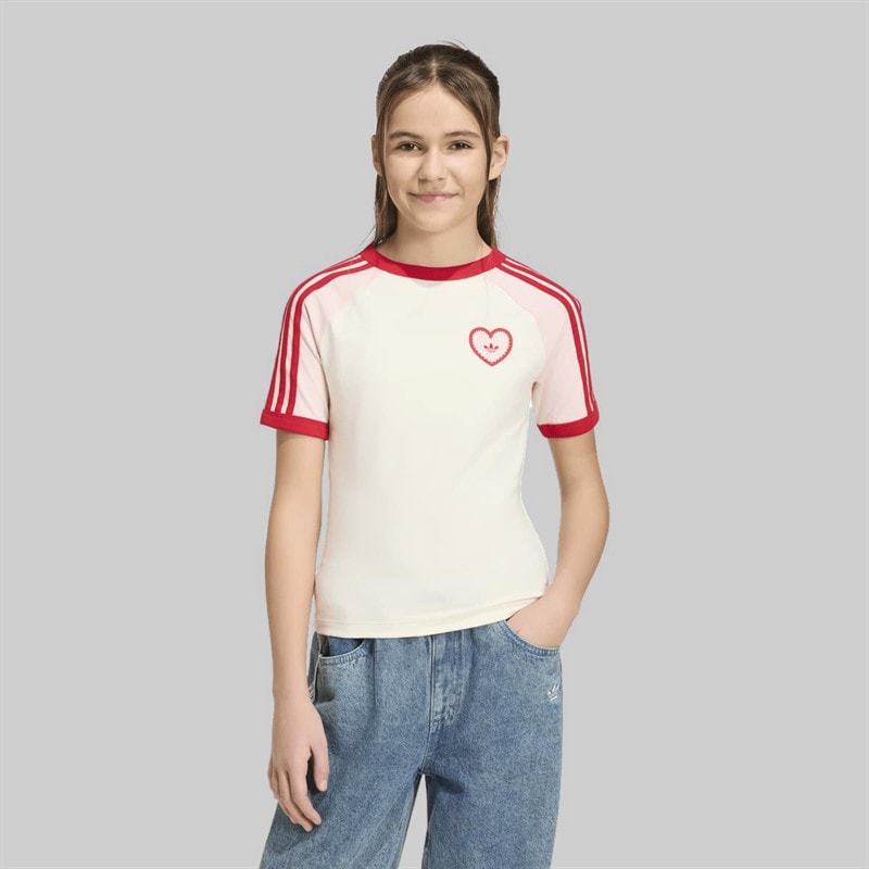 adidas Originals Junior Girls 3-Stripes Heart T-Shirt Cream White
