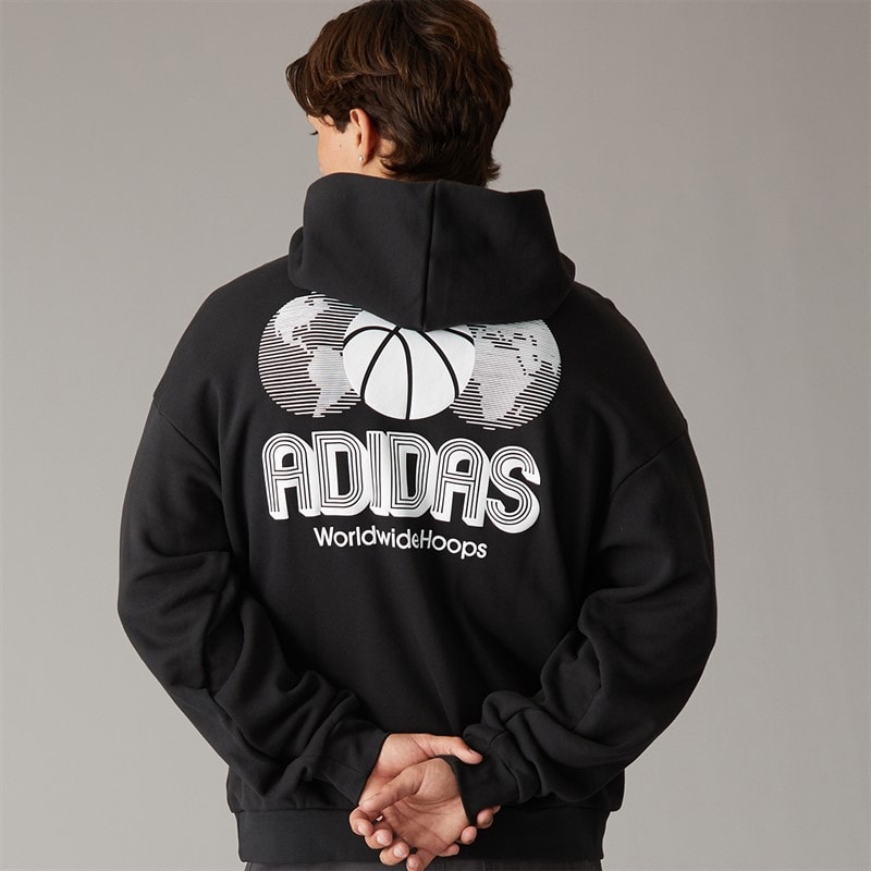 adidas Originals Mens World Wide Hoops Back Graphic Hoodie Black
