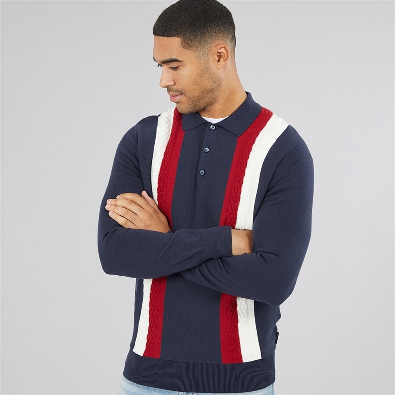 Ben Sherman Mens Long Sleeve Vertical Stripe Polo Shirt Dark Navy