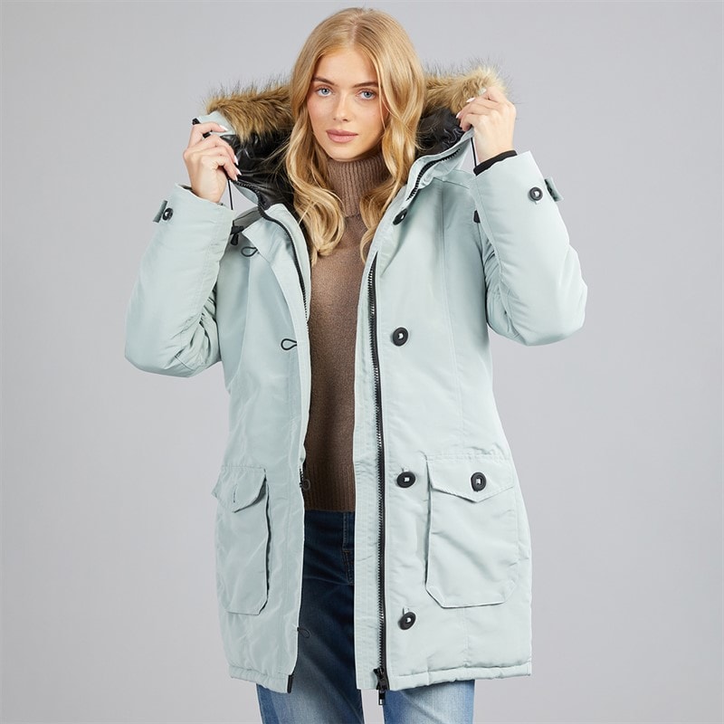 Brave Soul Womens Jacobs Faux Fur Parka Sage