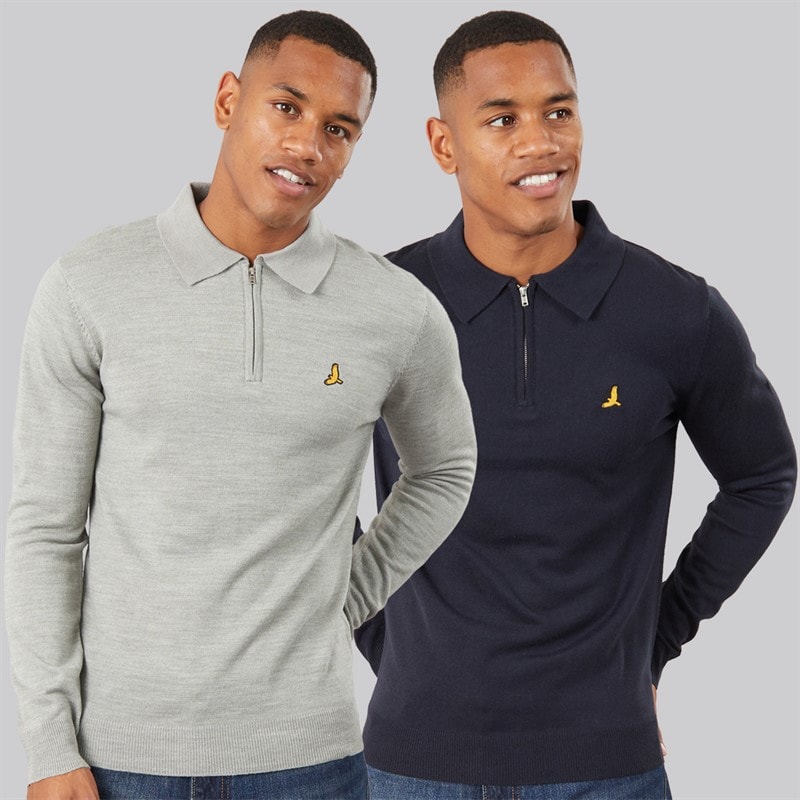 Brave Soul Mens Chorlton Two Pack Knitted 1/4 Zip Polo Shirts Midnight Navy/Silver Grey Marl
