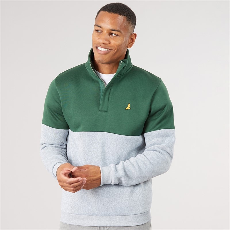 Brave Soul Mens Josh Long Sleeve 1/4 Zip Sweatshirt Bottle Green/Light Grey Marl