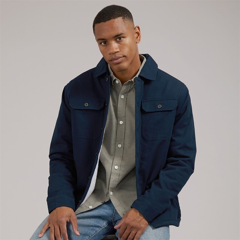 Brave Soul Mens Doigd Long Sleeve Shacket Navy/Ecru Borg