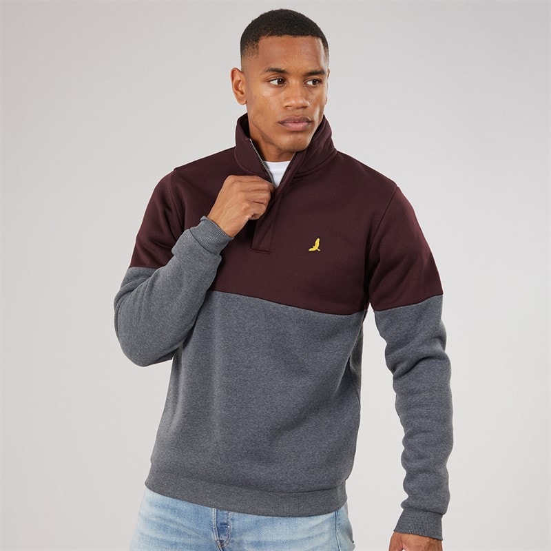 Brave Soul Mens Josh Long Sleeve 1/4 Zip Sweatshirt Burgundy/Dark Charcoal Marl