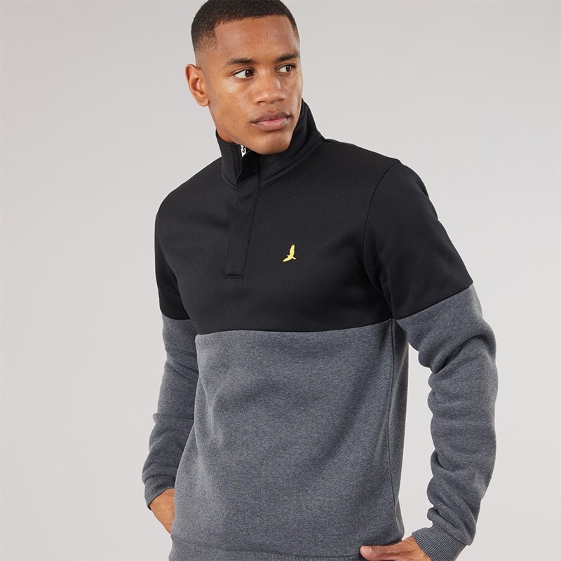 Brave Soul Mens Josh Long Sleeve 1/4 Zip Sweatshirt Jet Black/Dark Charcoal Marl