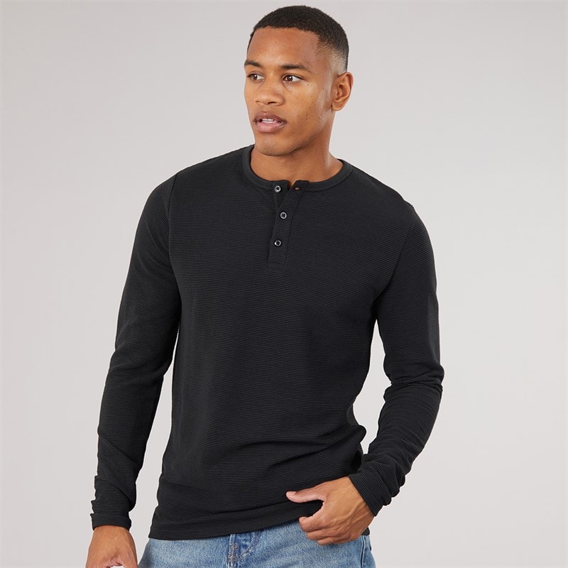 Brave Soul Mens Garavito Long Sleeve Henley Top Jet Black