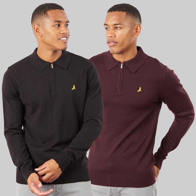 Brave Soul Mens Chorlton Two Pack Knitted 1/4 Zip Polo Shirts Jet Black/Oxblood
