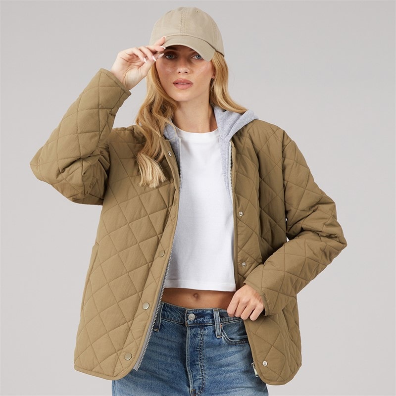 Brave Soul Womens Amalie Quilted Hooded Jacket Khaki/Grey Marl