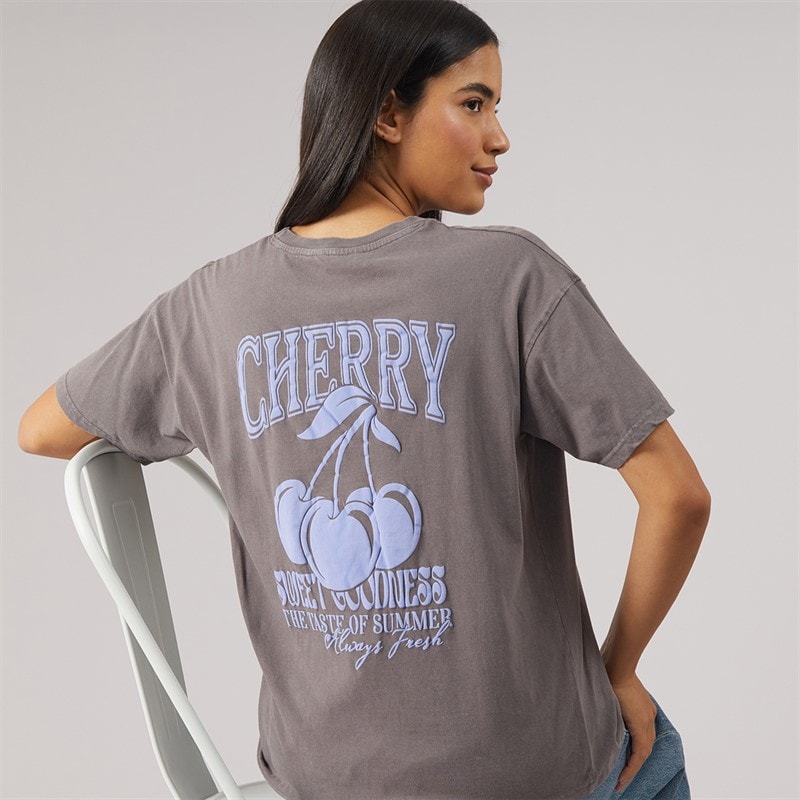 Brave Soul Womens Cherry T-Shirt Grey Acid Wash/Purple