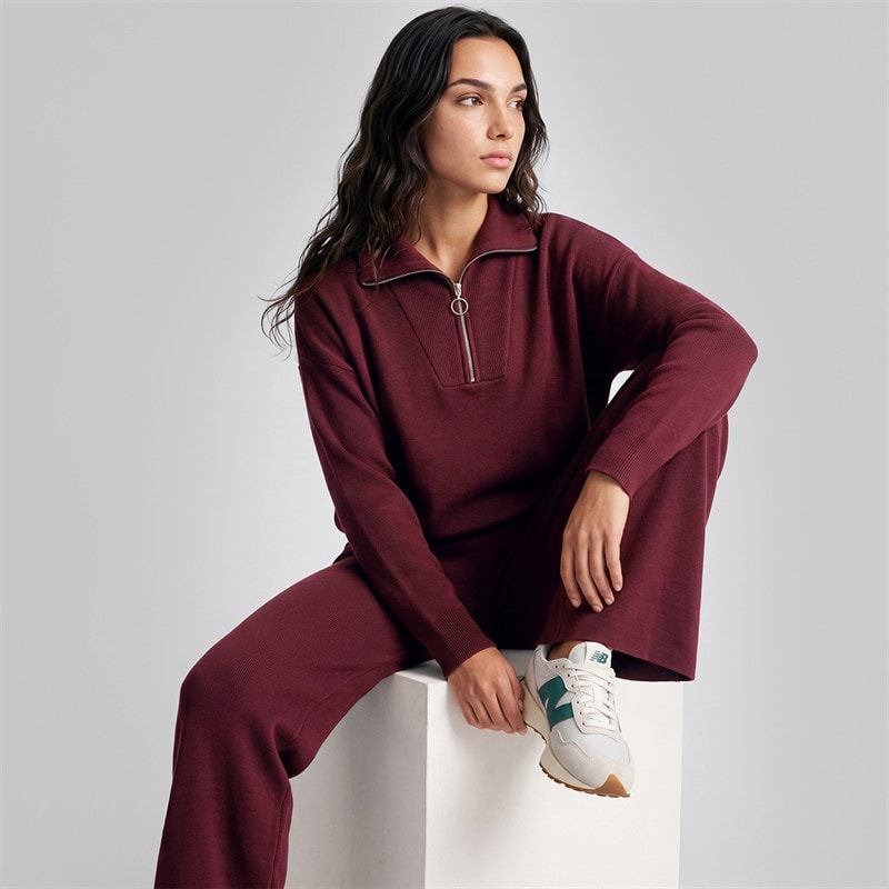 Brave Soul Womens Joey Knitted Jumper And Wide Leg Trousers Set Wine