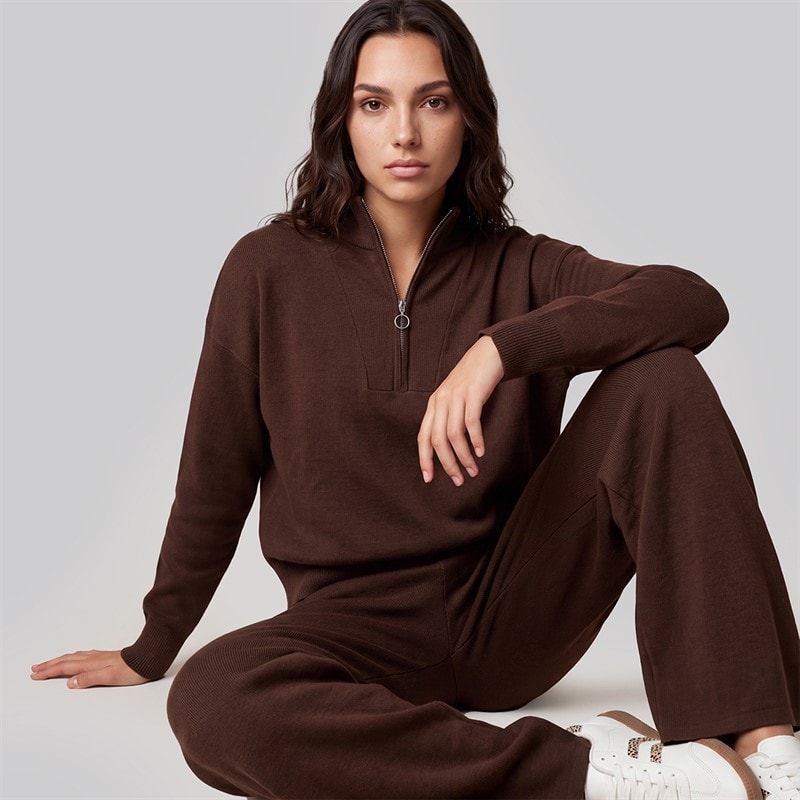 Brave Soul Womens Joey Knitted Jumper And Wide Leg Trousers Set Chocolate