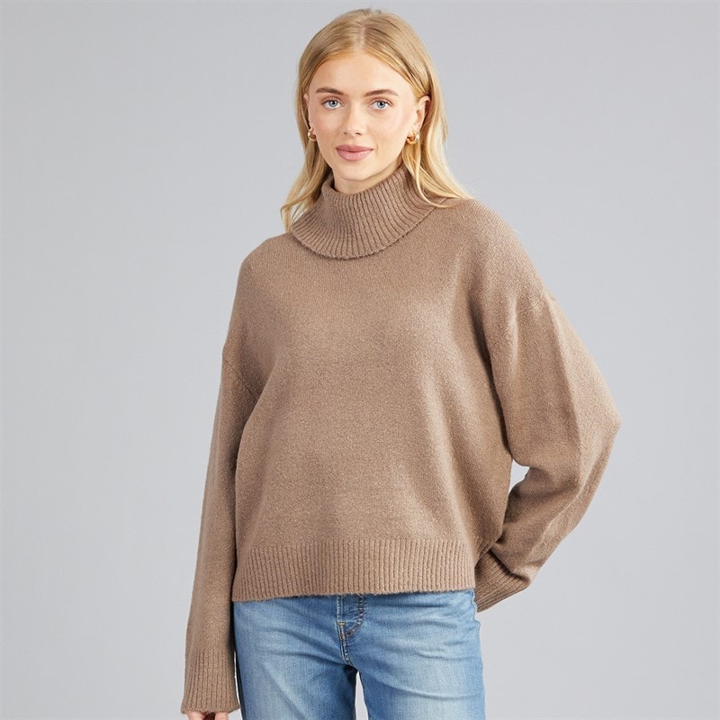 Brave Soul Womens Mossy Roll Neck Jumper Mocha