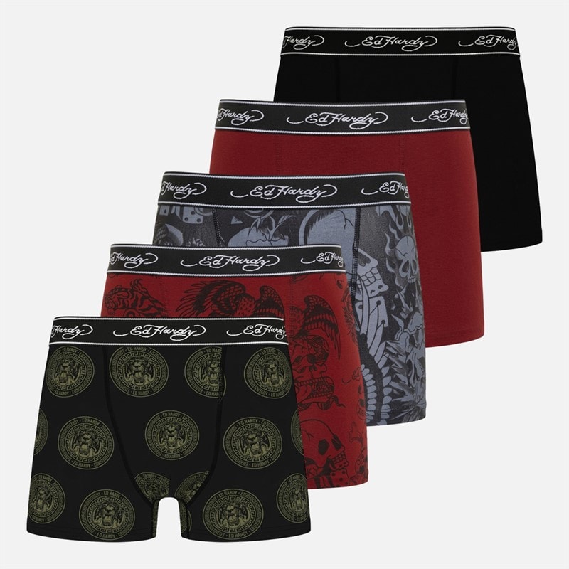 Ed Hardy Mens Rogin Five Pack Boxers Assorted