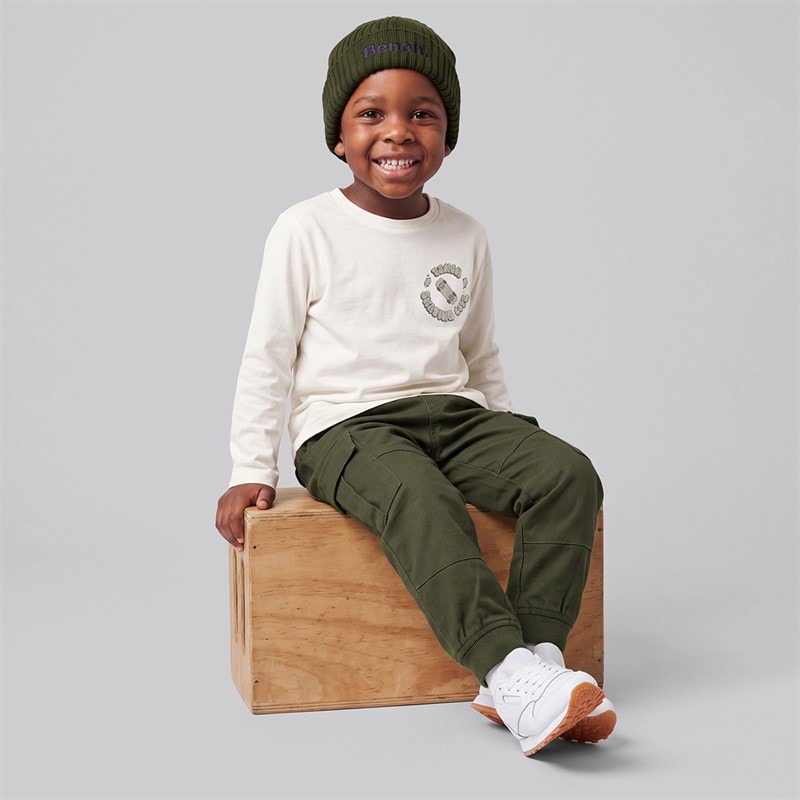 Bench Boys Long Sleeve T-Shirt Cargo Trousers And Beanie Hat Green