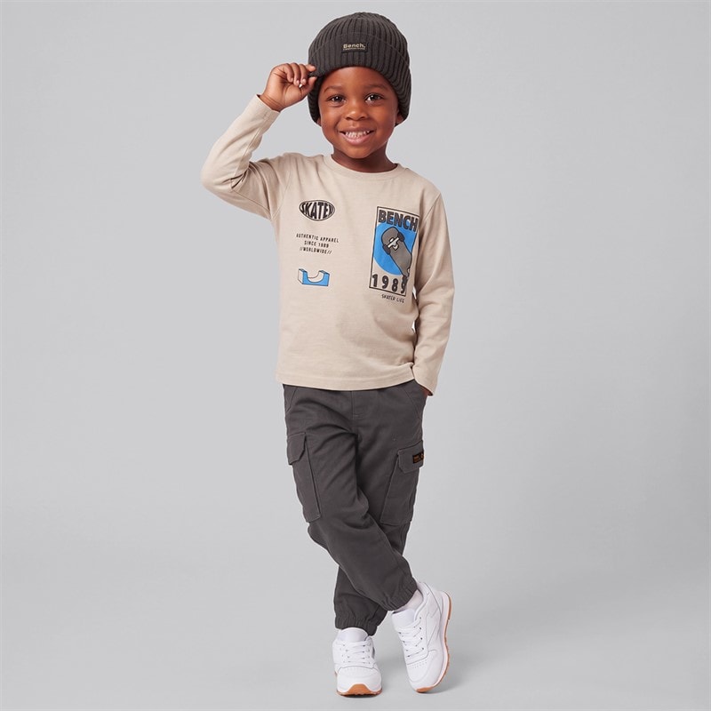 Bench Boys Long Sleeve T-Shirt Cargo Trousers And Beanie Hat Grey