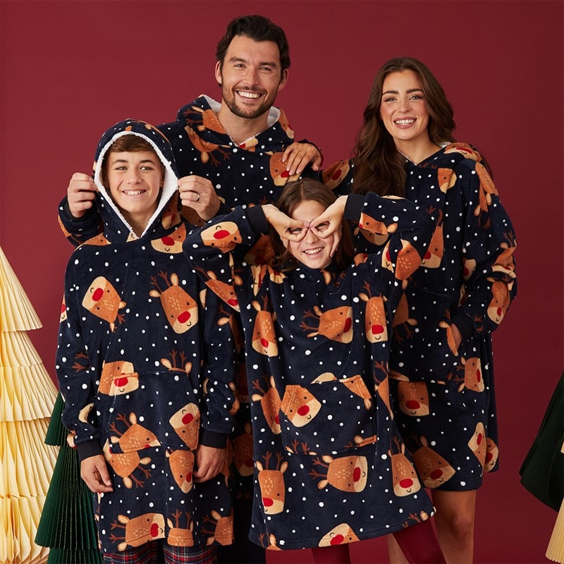 Fluid Junior Christmas Reindeer AOP Oversized Blanket Hoodie Multi