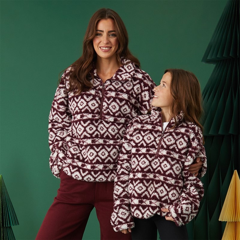 Board Angels Womens 1/4 Zip Borg Aztec Print Fleece Burgundy Multi