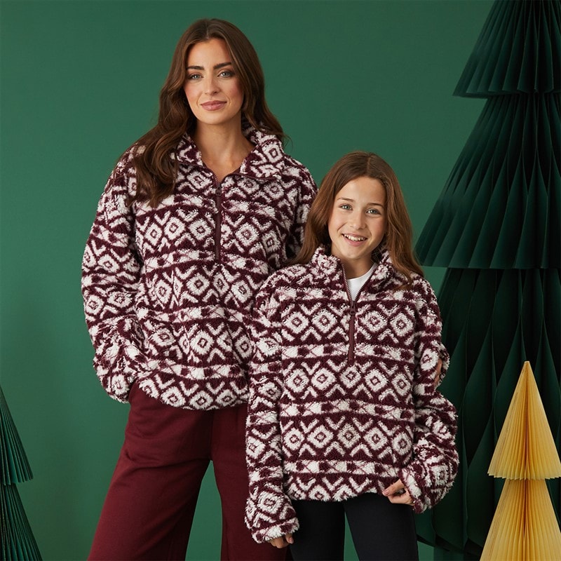 Board Angels Girls 1/4 Zip Borg Aztec Print Fleece Burgundy Multi