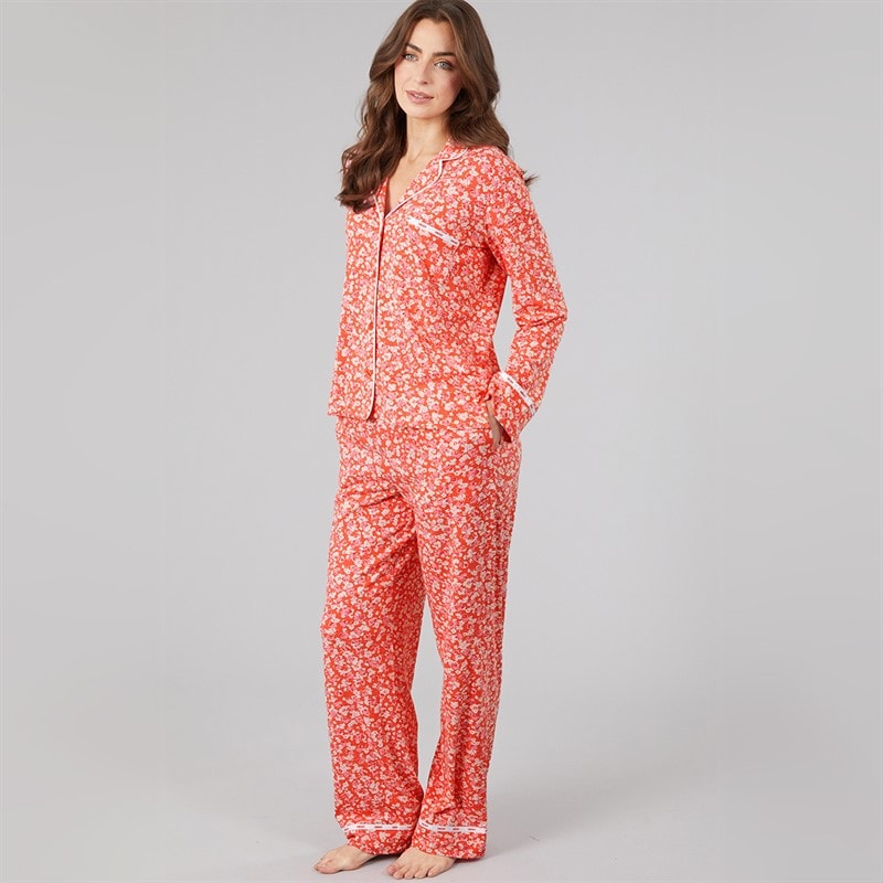 DKNY Womens Long Sleeve Pyjama Set Coral Floral