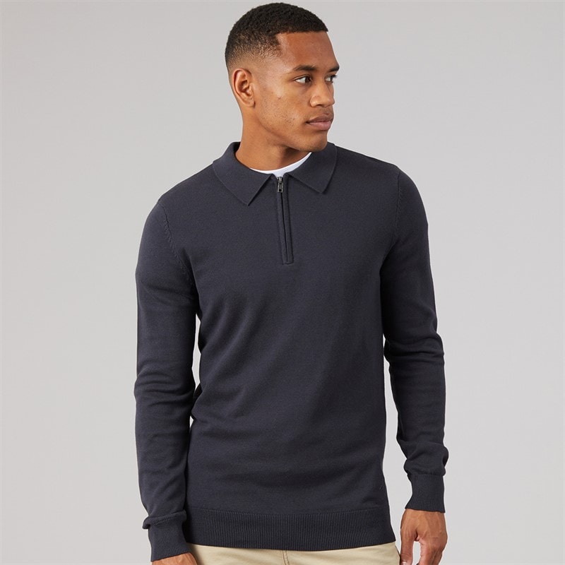 NICCE Mens Luxe Slim Fit Zip Knitted Polo Shirt Dark Navy