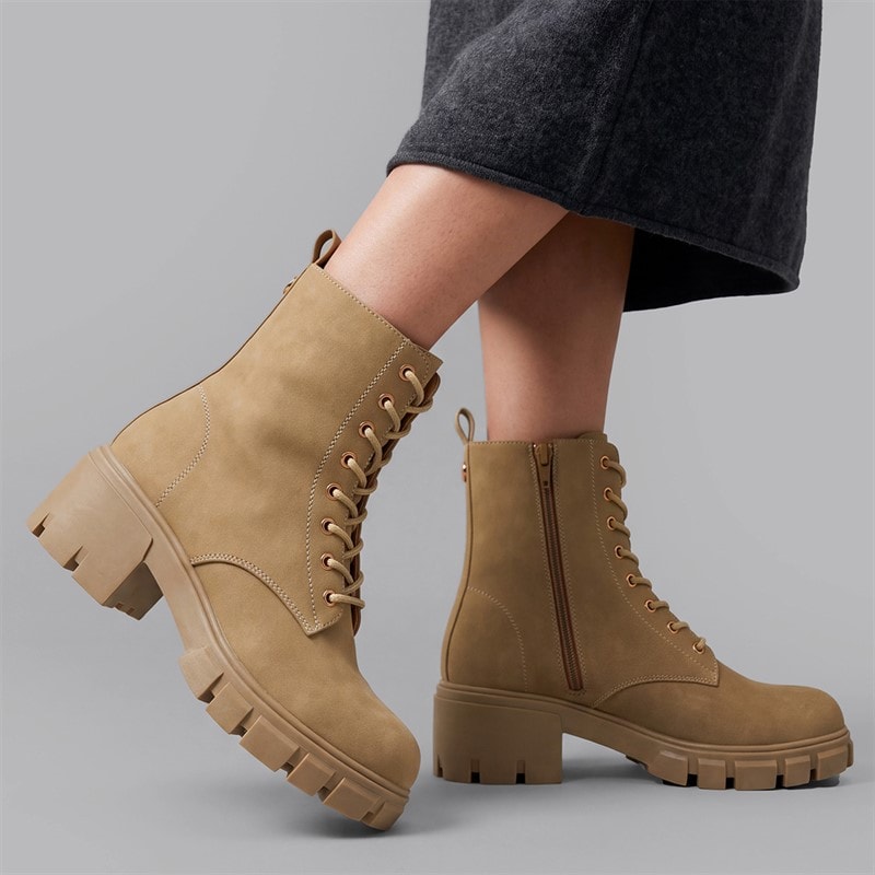 French Connection Womens Chunky Lace Boots Stone