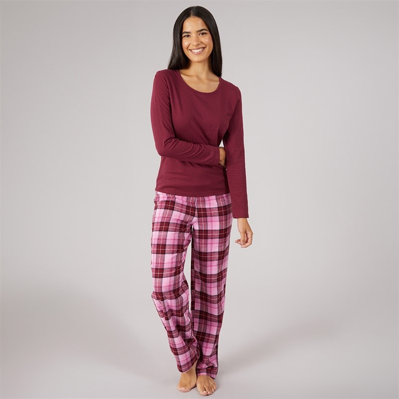 Onfire Womens Long Sleeve Top And Check Pants Set Bugundy