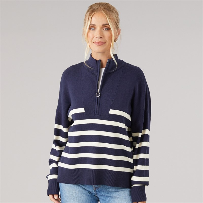Onfire Womens Hibiscus Stripe Half Zip Jumper Navy/Ivory Stripe