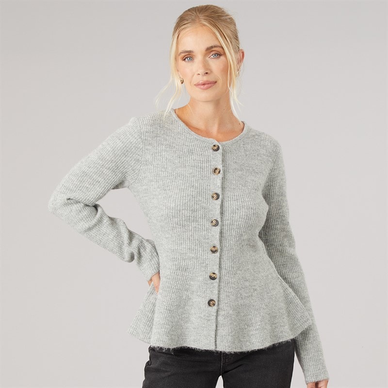 Onfire Womens Crew Neck Button Through Peplum Cardigan Light Grey Melange